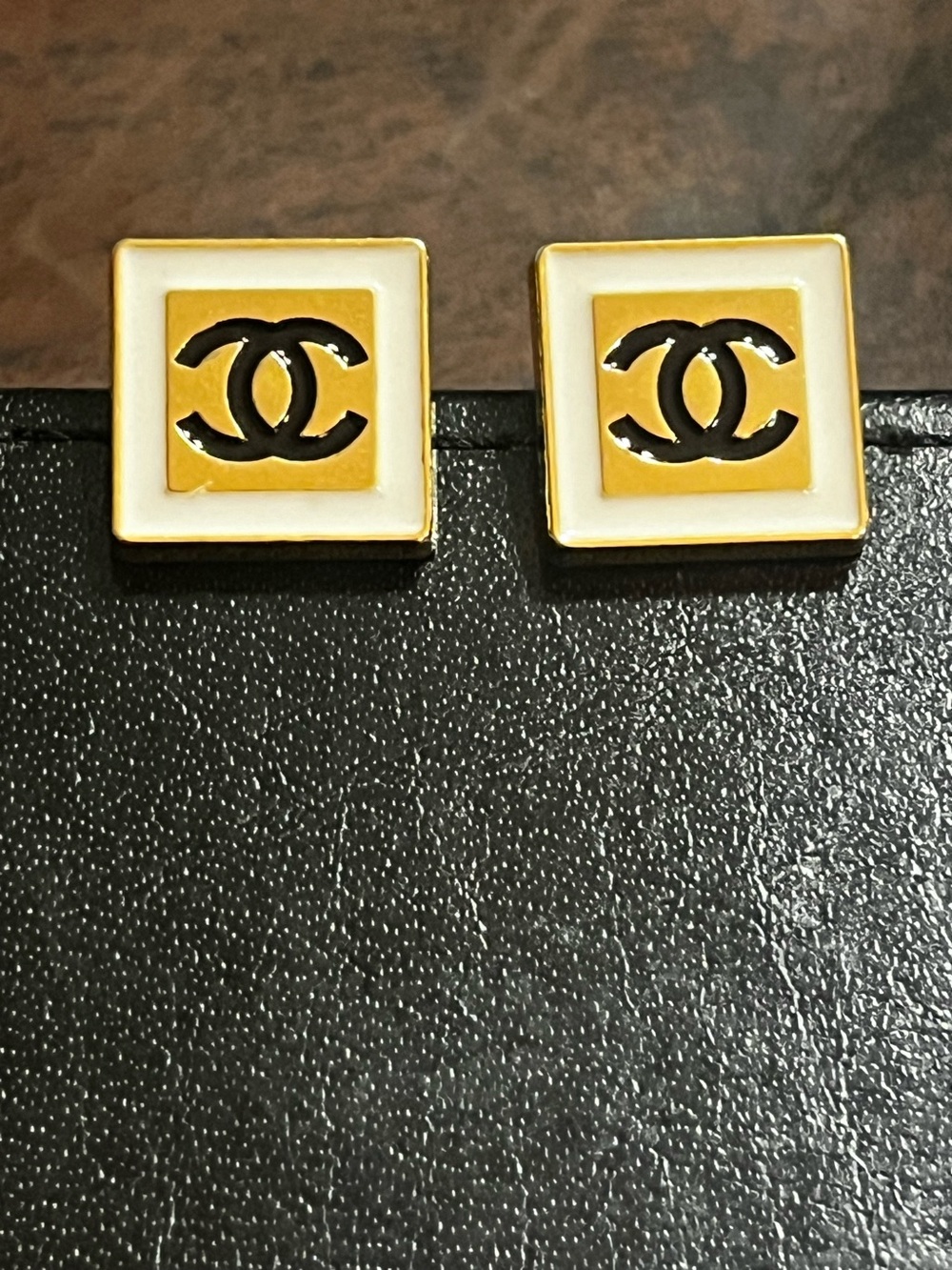 Double C Designer Gold Tone Black Letter Logo Square Stud Earrings